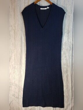 Royal Silk Navy Blue Sweater Dress Silk Angora V Neck Midi Vtg Medium